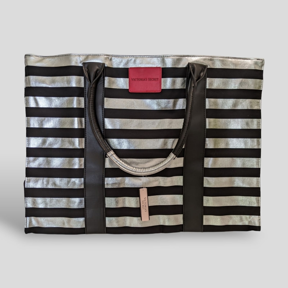 Victoria's Secret X-Large Black Metallic Silver Horizontal Striped Tote Bag